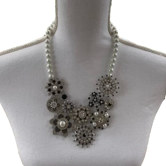 White House Black Market Statement Necklace | Faux Pearl & Rhinestones - Picture 2 of 3